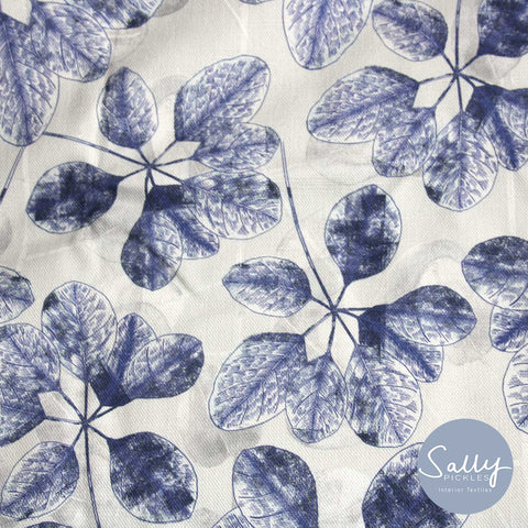 Closeup blue leaf pattern fabric